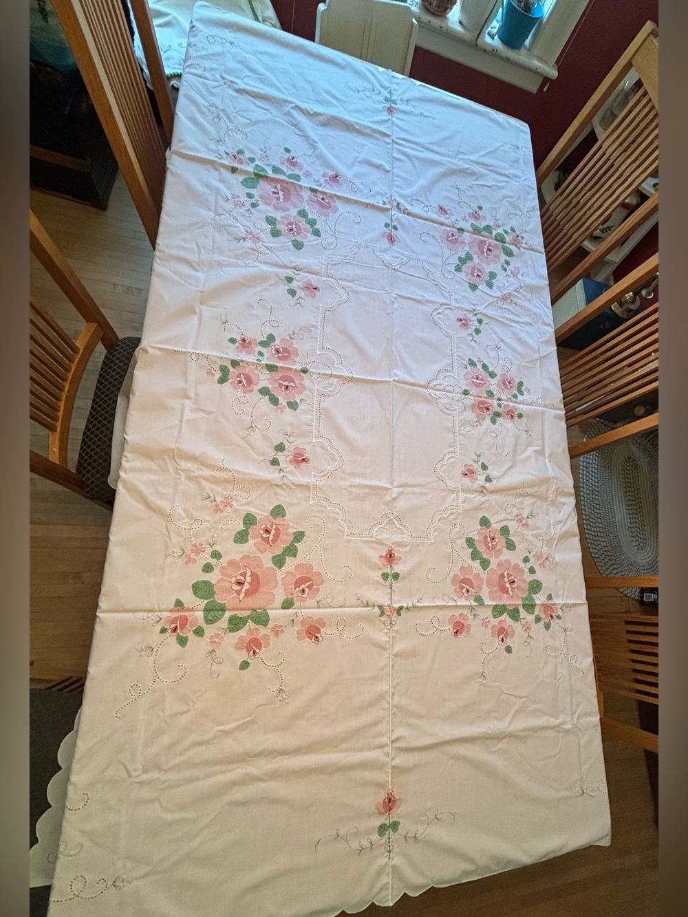 Vintage Floral Embroidered Tablecloth - Pink & Green Roses
